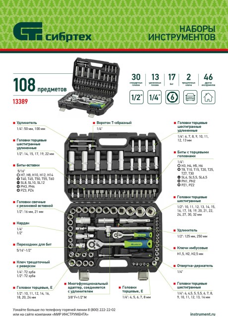 Набор инструментов, 1/2", 1/4", 108 предметов// Сибртех