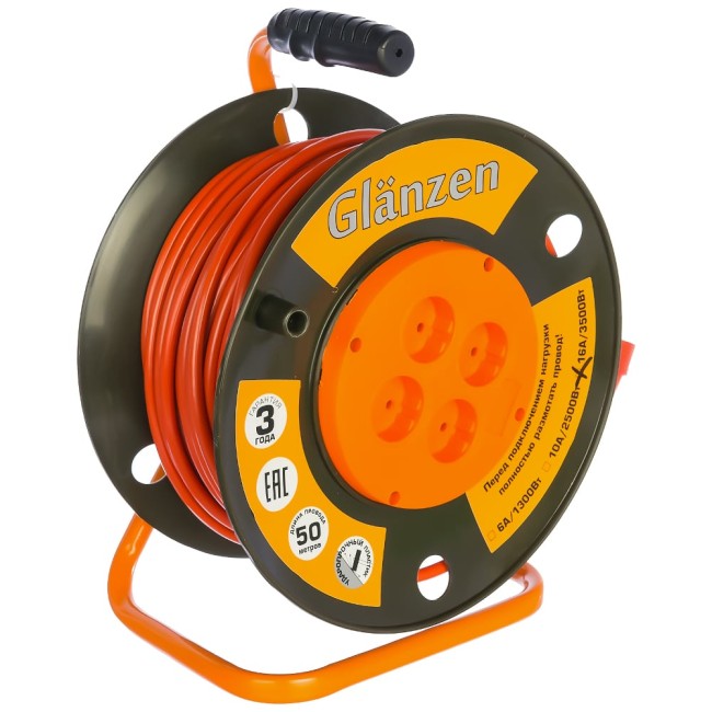 Силовой удлинитель на катушке 4 гн. 50 м ПВС 2х2,5 GLANZEN EB-50-008 00-00000525