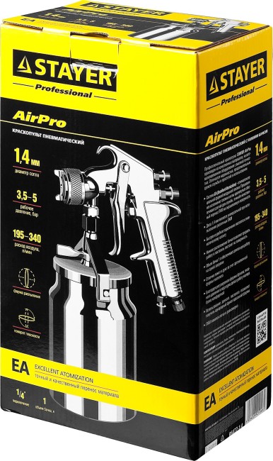 STAYER AirPro S, EA 1.4 мм, пневматический краскопульт с нижним бачком, Professional (06477-1.4) STAYER AirPro S, EA 1.4 мм, пневматический краскопульт с нижним бачком, Professional (06477-1.4)