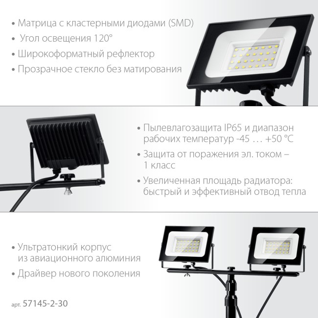 ЗУБР ПСК 30х2, 2 х 30 Вт, 6500 К, IP 65, 1.6 м, светодиодные прожекторы на штативе, Профессионал (57145-2-30)