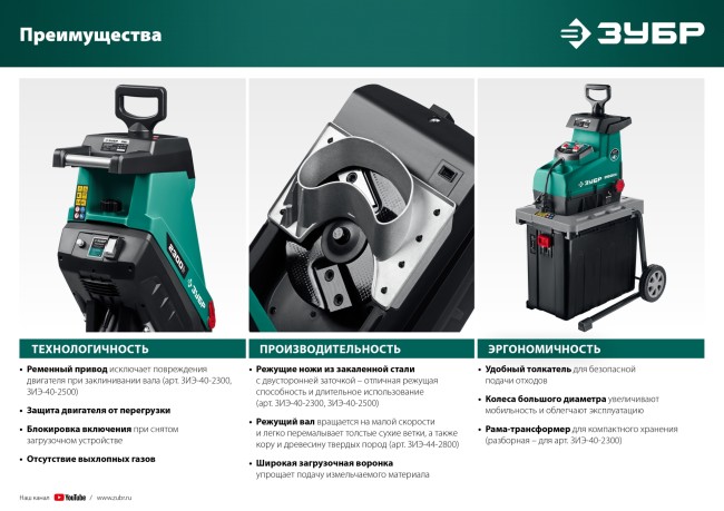 ЗУБР 2300 Вт, электрический садовый измельчитель (ЗИЭ-40-2300)