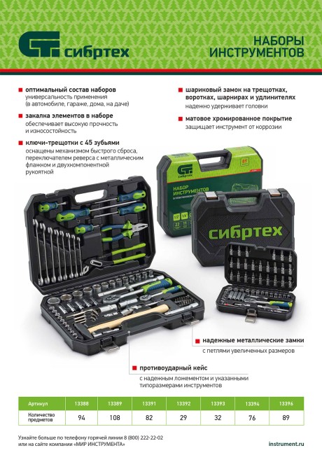 Набор инструментов, 1/2", 1/4", пластиковый кейс 89 предметов// Сибртех