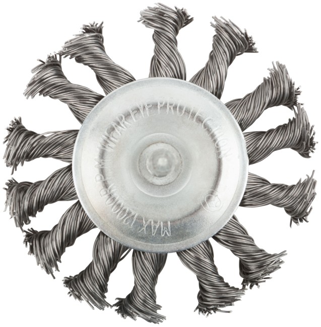 Корщетка, тип "колесо", со штифтом, стальная витая проволока 75 мм Корщетка, тип "колесо", со штифтом, стальная витая проволока 75 мм