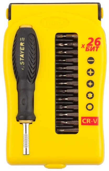 STAYER 26 предм., отвертка-битодержатель в наборе (25614-Н28) STAYER 26 предм., отвертка-битодержатель в наборе (25614-Н28)