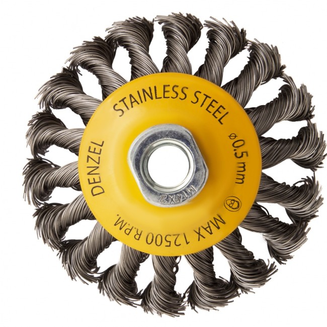Щетка для УШМ, 100 мм, "Тарелка", крученая нержавеющая проволока 0.5 мм, М14 Denzel Щетка для УШМ, 100 мм, "Тарелка", крученая нержавеющая проволока 0.5 мм, М14 Denzel