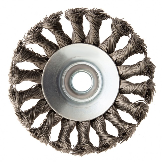 Щетка для УШМ, 100 мм, "Тарелка", крученая нержавеющая проволока 0.5 мм, М14 Denzel Щетка для УШМ, 100 мм, "Тарелка", крученая нержавеющая проволока 0.5 мм, М14 Denzel