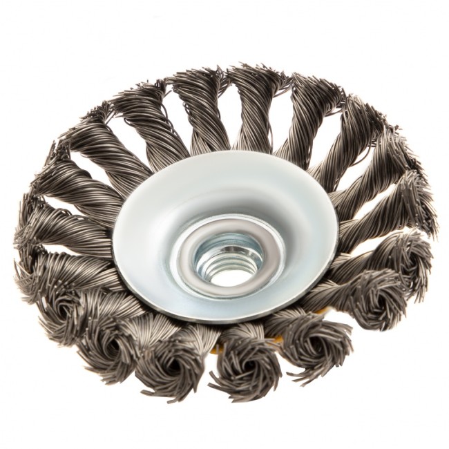 Щетка для УШМ, 100 мм, "Тарелка", крученая нержавеющая проволока 0.5 мм, М14 Denzel Щетка для УШМ, 100 мм, "Тарелка", крученая нержавеющая проволока 0.5 мм, М14 Denzel