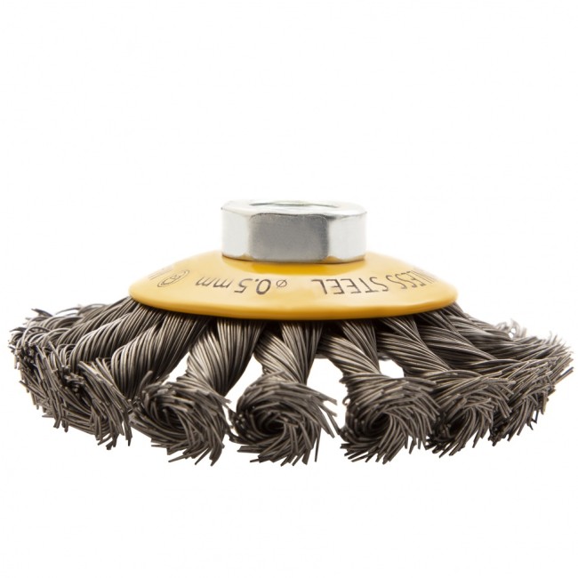 Щетка для УШМ, 100 мм, "Тарелка", крученая нержавеющая проволока 0.5 мм, М14 Denzel Щетка для УШМ, 100 мм, "Тарелка", крученая нержавеющая проволока 0.5 мм, М14 Denzel