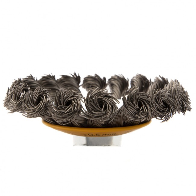 Щетка для УШМ, 100 мм, "Тарелка", крученая нержавеющая проволока 0.5 мм, М14 Denzel Щетка для УШМ, 100 мм, "Тарелка", крученая нержавеющая проволока 0.5 мм, М14 Denzel